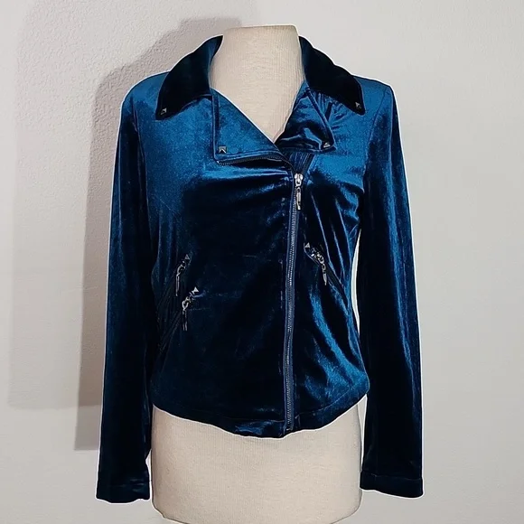 Badgley Mischka Jacket Velvet Chic Moto Turquoise Size S - Picture 11 of 16